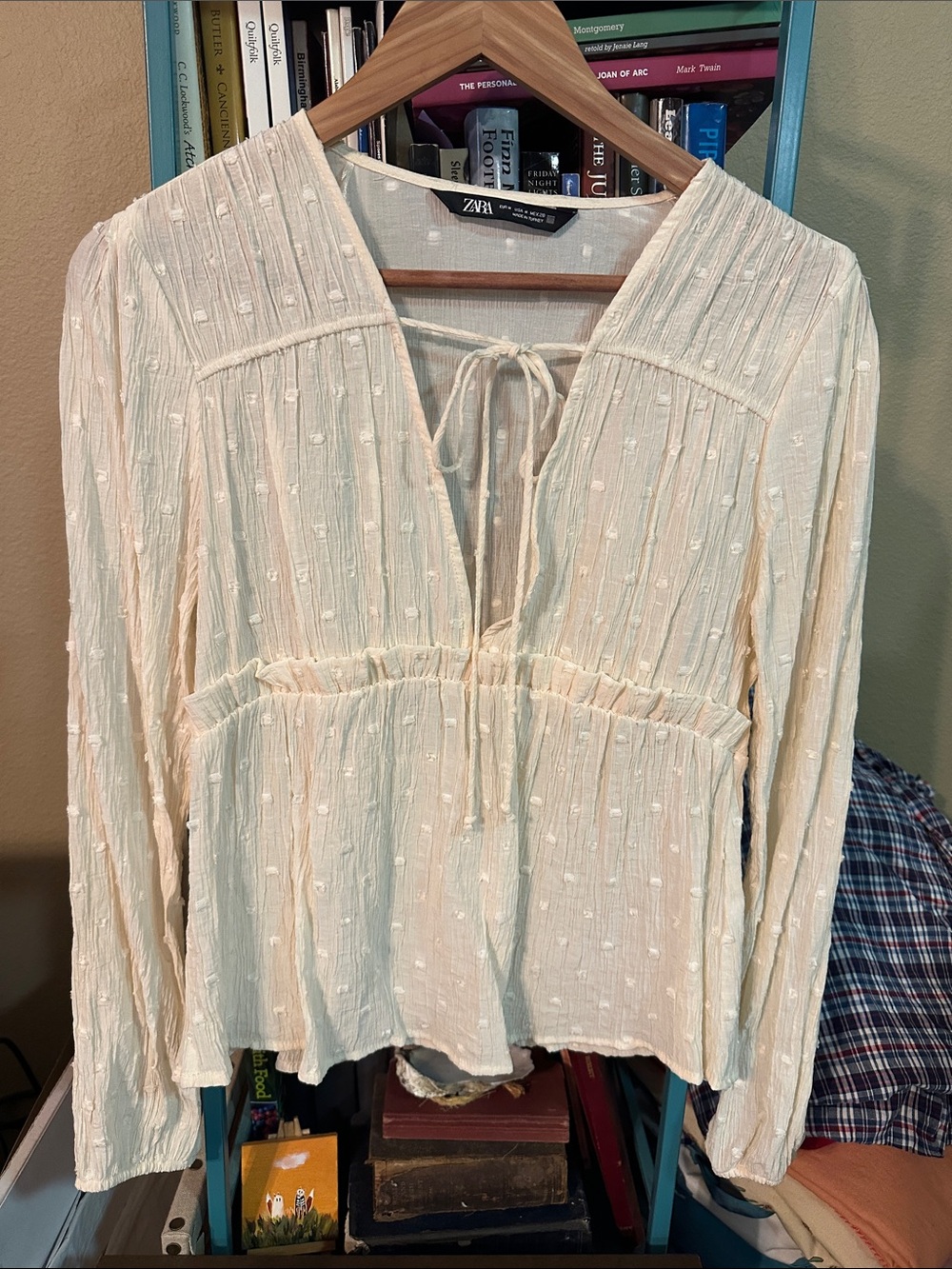 Zara Cream Textured Tie-Neck Peplum Blouse